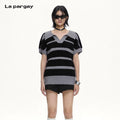 Lapargay color-block stripe oversized drop-shoulder knit top, deep V-neck, soft and fluffy skin-friendly L66308287C
