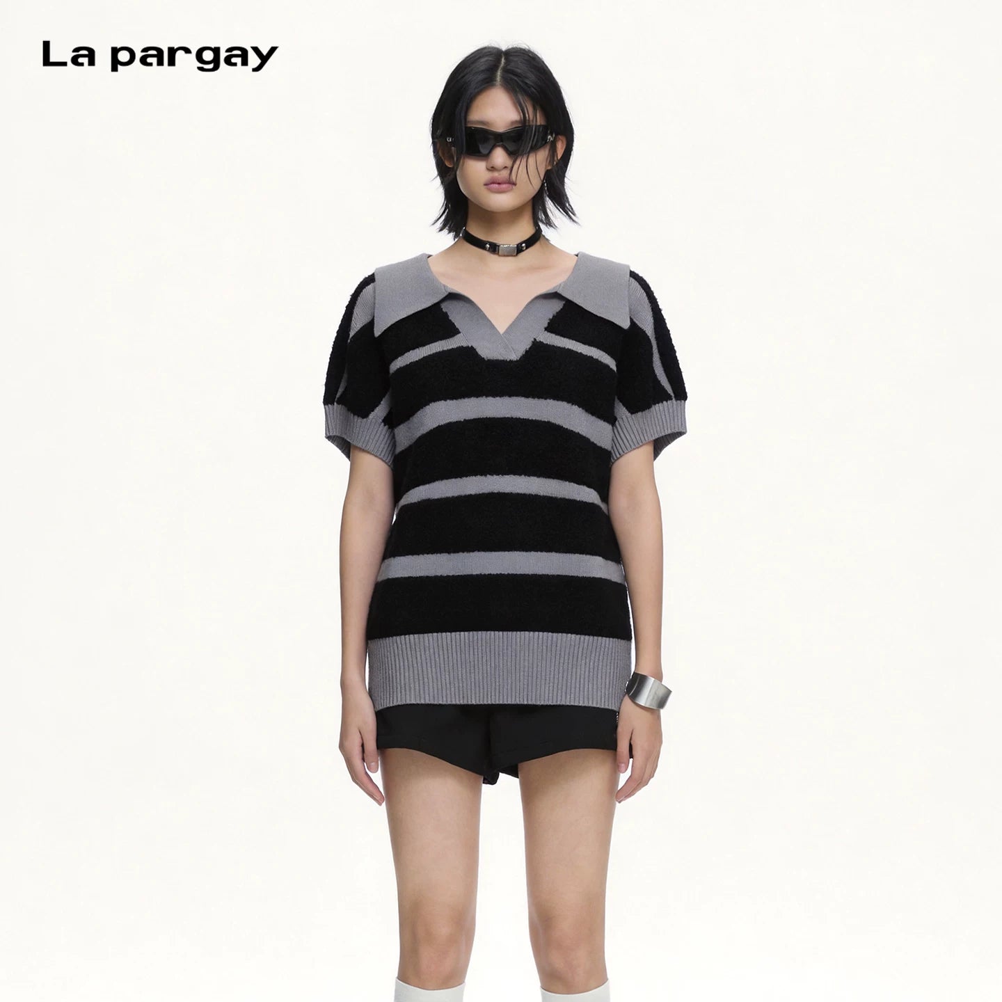 Lapargay color-block stripe oversized drop-shoulder knit top, deep V-neck, soft and fluffy skin-friendly L66308287C