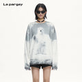 Lapargay Gradient Tie-Dye Knit Sweater Polar Bear Print Frayed Edge Top L75308201S