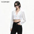 Lapargay Lightweight Pleated Cropped Blouse Notched Lapel Long Sleeve Waist-Cinching Crop Top L78201201C