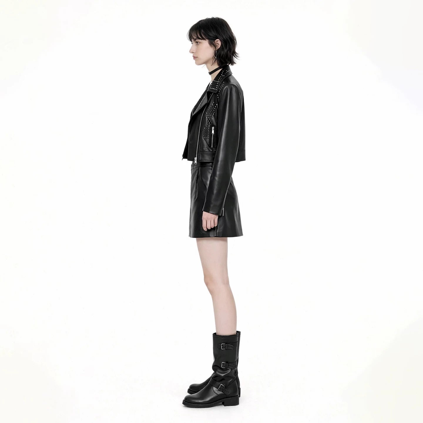 Lapargay Short long-sleeved leather jacket 2026 spring new women's good black personalized fashionable casual top