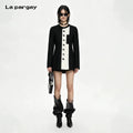 Lapargay Black-and-White Contrast Mid-Length Blazer, Cinched Waist Cut, Single-Breasted Design L72101224C
