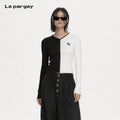 Lapargay black and white contrast knitted slim-fit short V-neck ribbed long sleeve L69308258C