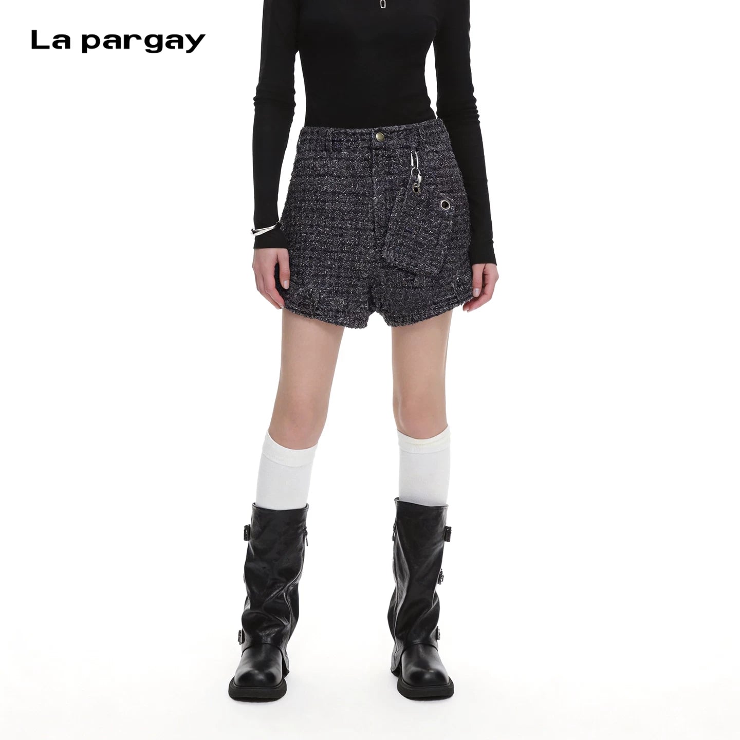 Lapargay Vintage Tweed Wide-Leg Shorts Rivet Hem Modified Long Leg Line L66302225C