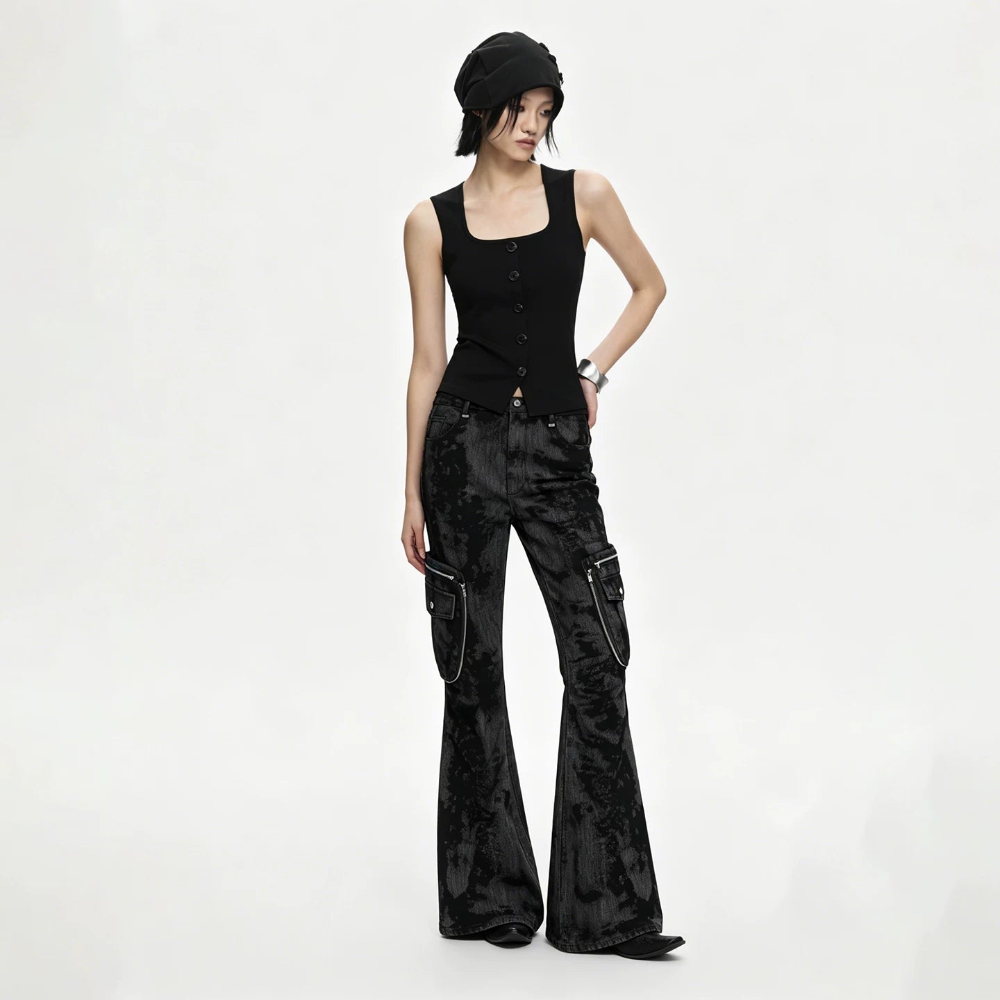 Lapargay Black-Gray Tie-Dye Micro-Flare Jeans Double Zipper Large Pockets Retro Street Style L72102604B