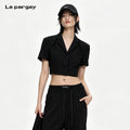 Lapargay cropped waist suit two-piece set with notched lapel short sleeve cut, single-breasted button design L72301220C