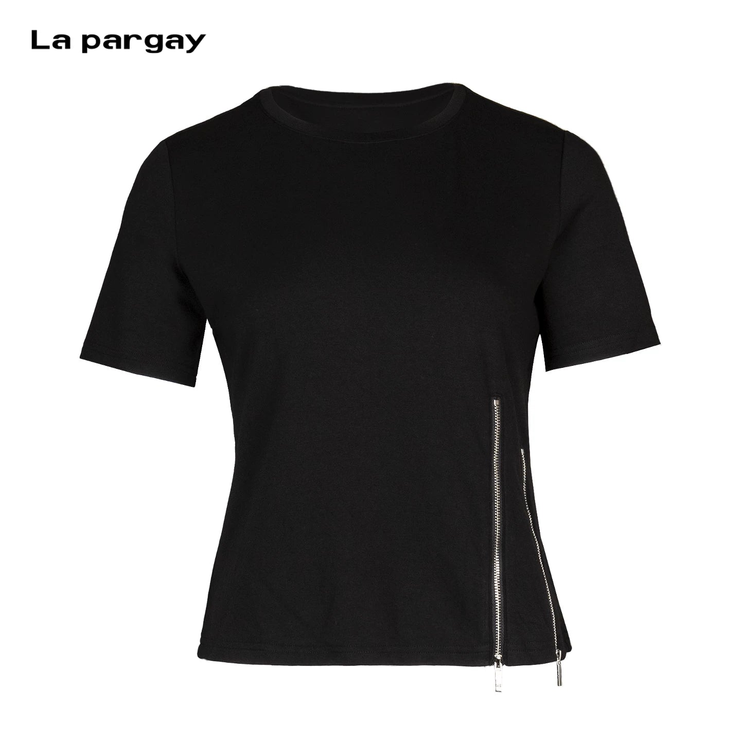 Lapargay Side double zipper trim, round neck slim fit t-shirt, clean silhouette L75100208B