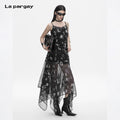 Lapargay Letter Print Strap Dress Waist-Hugging and Slimming Irregular Mesh Long Skirt L78209009V