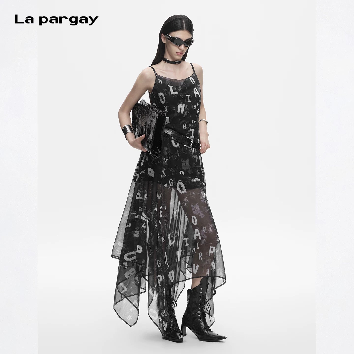 Lapargay Letter Print Strap Dress Waist-Hugging and Slimming Irregular Mesh Long Skirt L78209009V