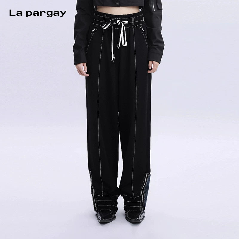 Lapargay pure cotton knitted casual pants women's 2026 spring new fashion design slimming personality long pants