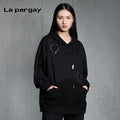 Lapargay casual loose design sense pullover sweatshirt 2026 new women's black long sleeve hooded top