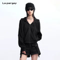 Lapargay waffle texture short jacket, hooded drawstring design, neat cinched waist silhouette L75301220S