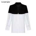 Lapargay Black and white contrast shirt with suit notch lapel and faux two-piece splicing design L66301050E