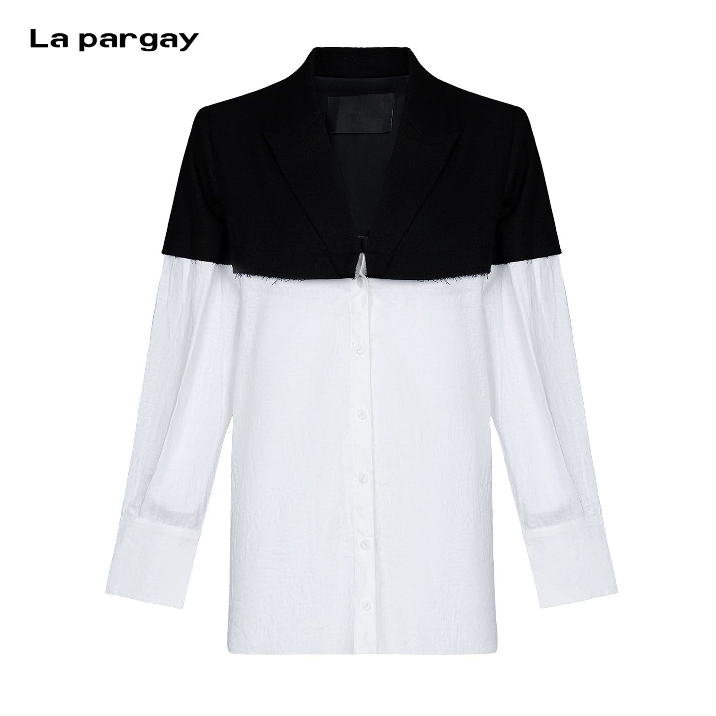 Lapargay Black and white contrast shirt with suit notch lapel and faux two-piece splicing design L66301050E