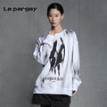 Lapargay Drop Shoulder Fashion Print Knitted Sweatshirt Women 2026 Spring New Style Personalized Design Loose Top