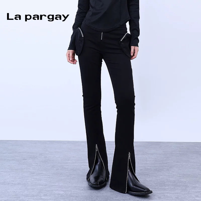 Lapargay High-Waist Pocket Flared Long Pants Casual Pants 2026 Spring New Women's Black Personality Versatile Trousers
