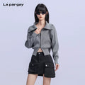 Lapargay Double Zipper Long Sleeve Stand Collar Waist Knit Sweater 2026 Spring New Warm Top