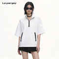 Lapargay half-standing collar design color-block zip pocket lightweight breathable top L75201906C