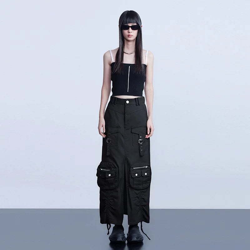 Lapargay Multi-Pocket Slit Skirt Women 2026 New Casual Mid-Length Skirt