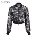 Lapargay Black and White Graffiti Full Print Sheer Mesh Short Style Cool Baseball Jacket L75201210V