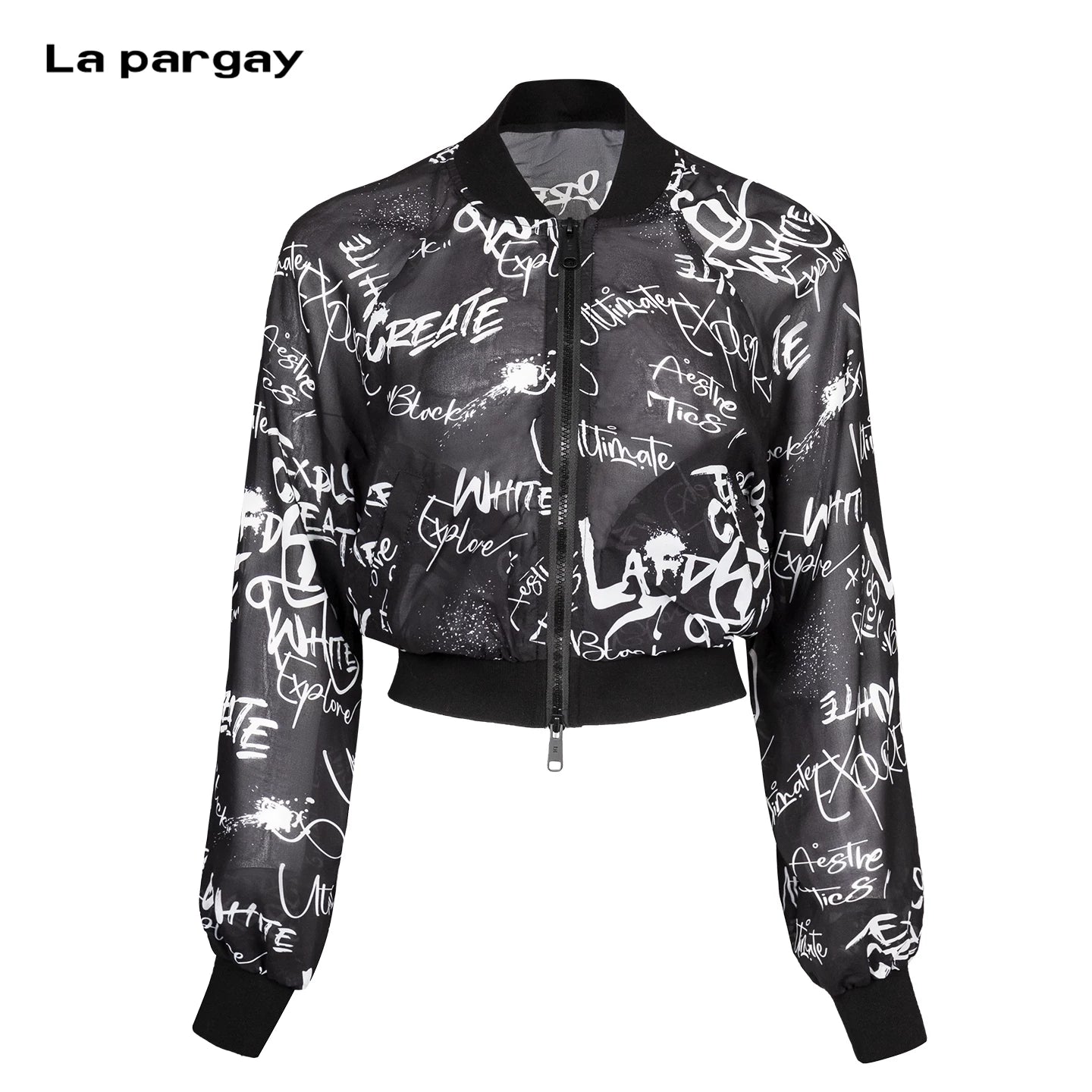 Lapargay Black and White Graffiti Full Print Sheer Mesh Short Style Cool Baseball Jacket L75201210V