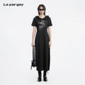 Lapargay Hooded Letter Print Dress, Chic Waist-Cinching Slit Little Black Long Dress L69209009B
