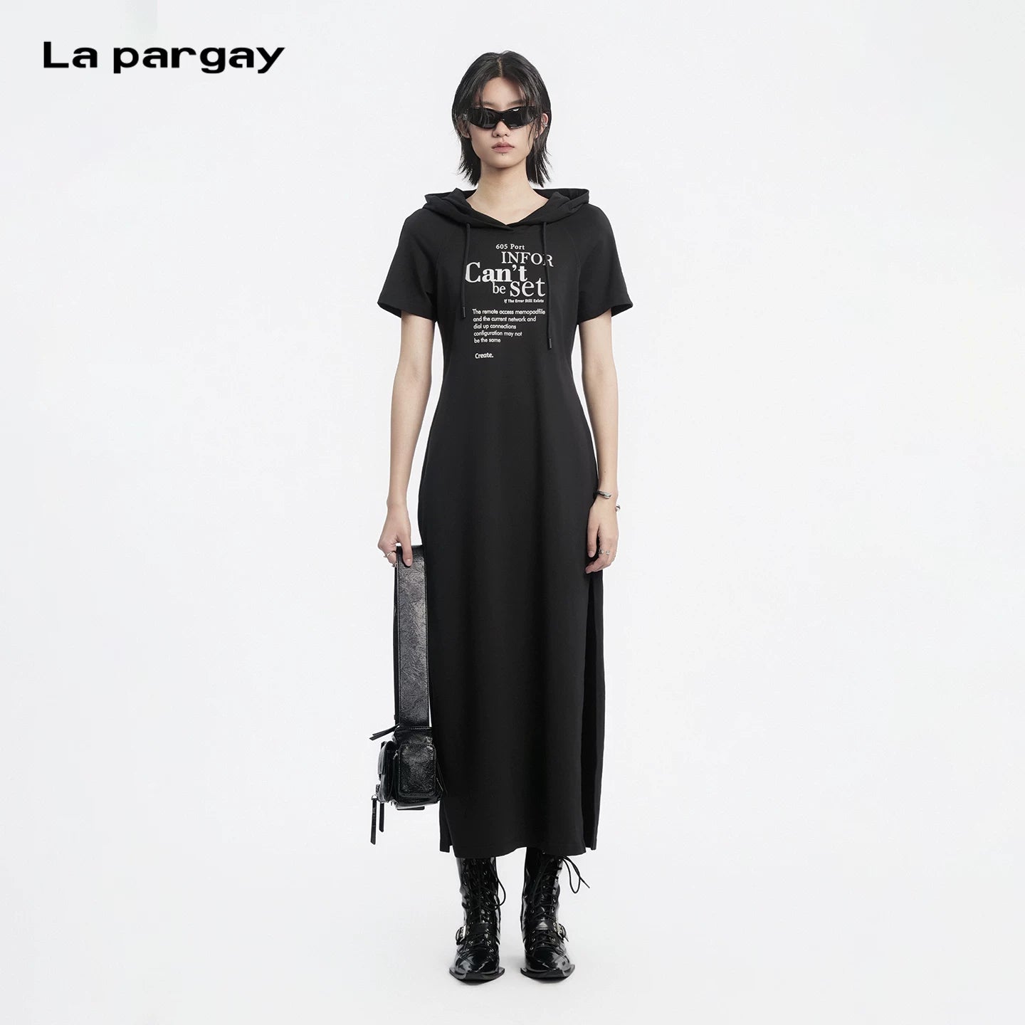 Lapargay Hooded Letter Print Dress, Chic Waist-Cinching Slit Little Black Long Dress L69209009B