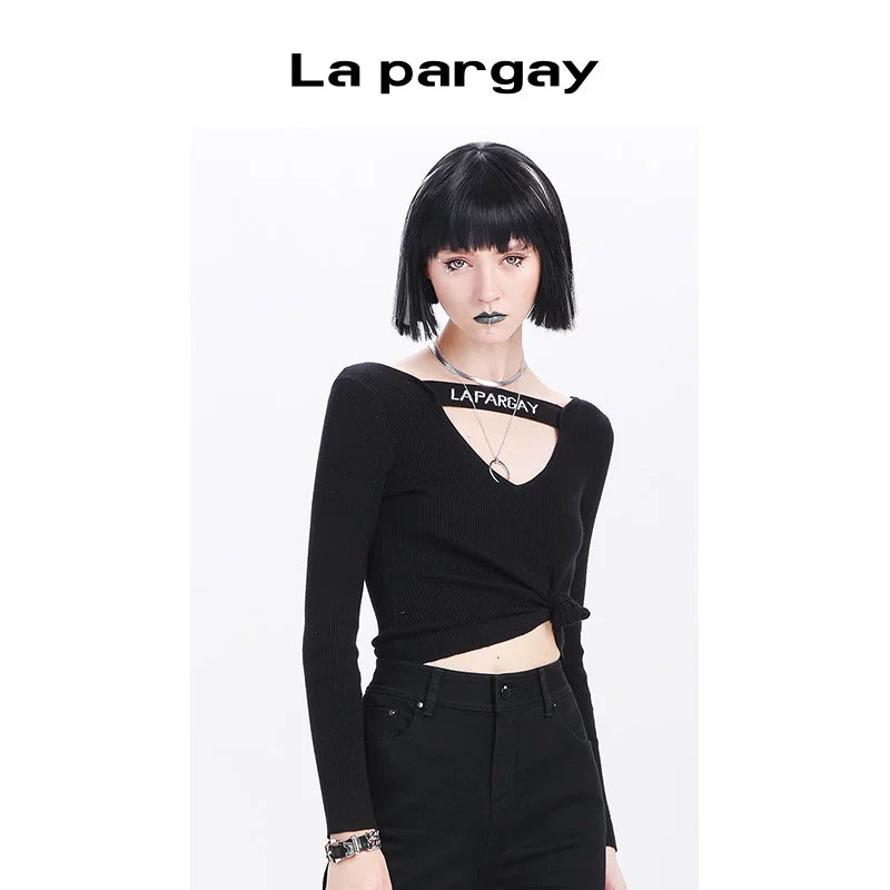 Lapargay Lapargay Spring New Style Women Black Top Versatile Casual Long Sleeve V-Neck Pullover Knit Sweater