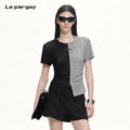 Lapargay Asymmetric spliced dual fabric Waist-defining proportion-enhancing cropped top L75200232C