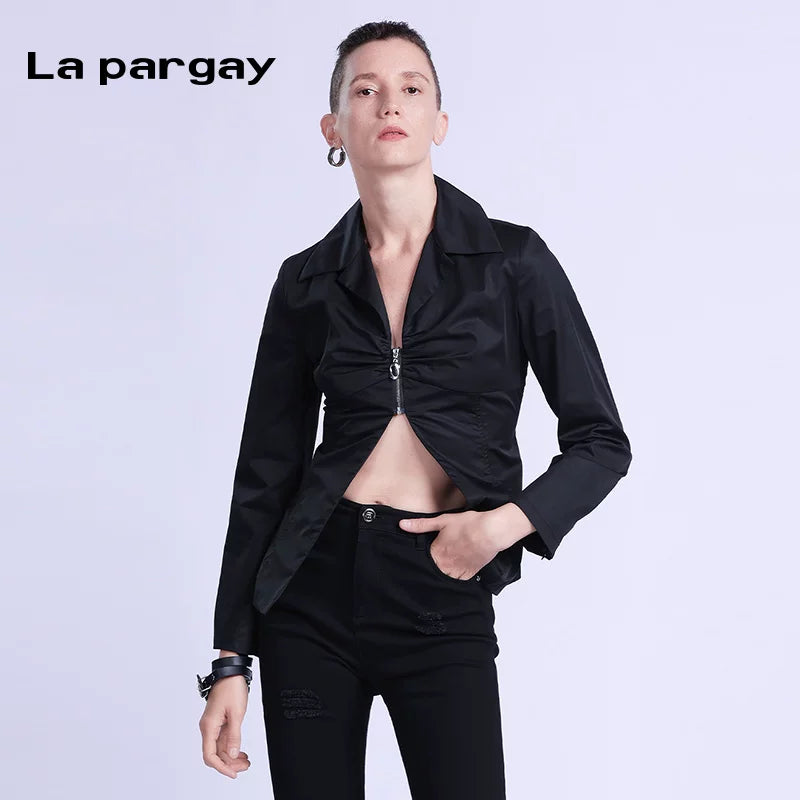Lapargay long-sleeve shirt 2026 spring new women's black personality fashion casual design sense niche top