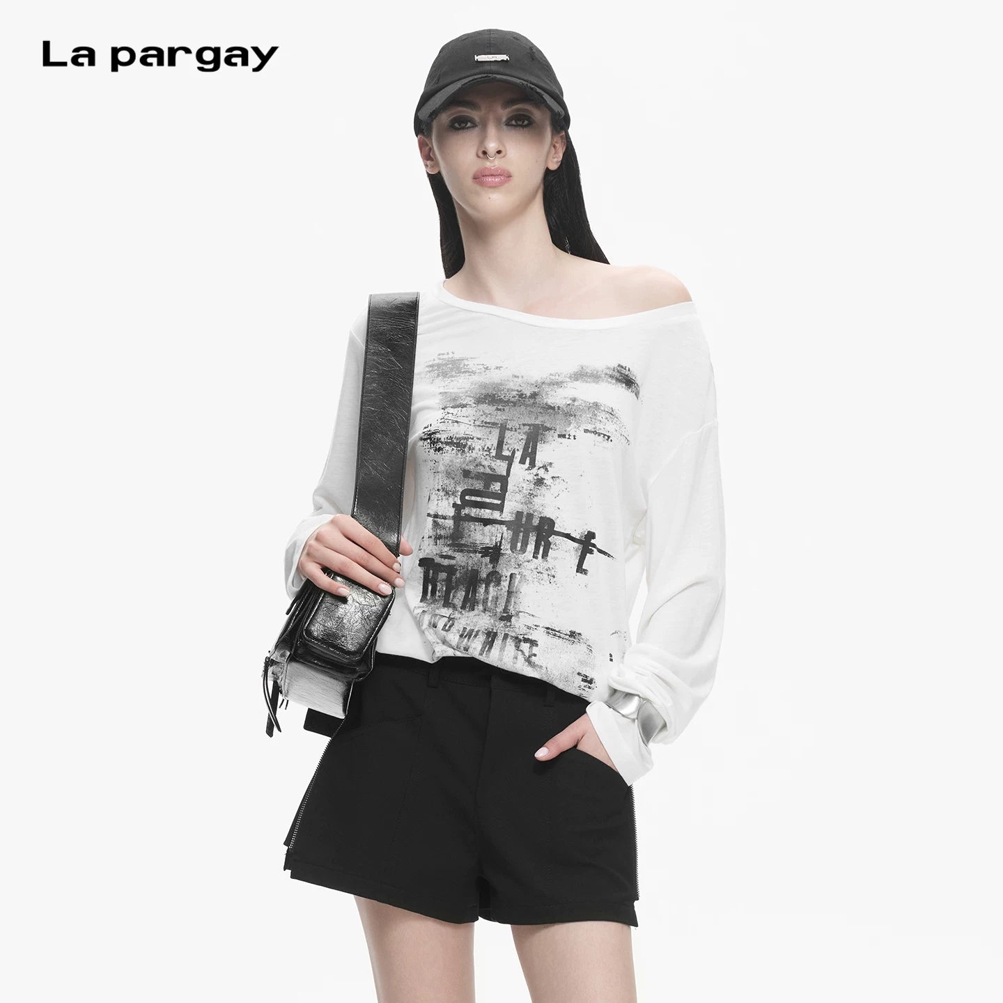 Lapargay loose drop-shoulder top, off-shoulder design, ink wash print, casual and lazy L78200301V