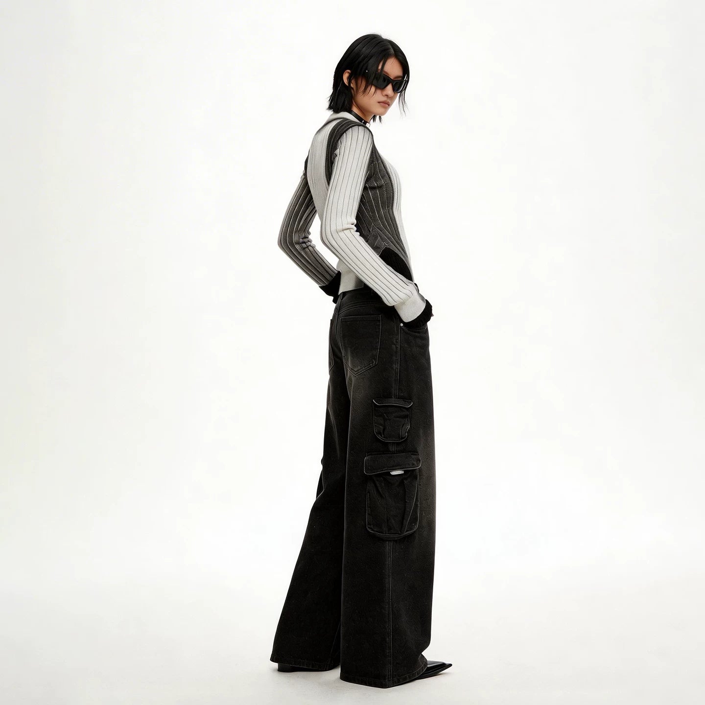 Lapargay gradient ombre ribbed knit sweater mock neck cinched waist metal label decoration L75408206V