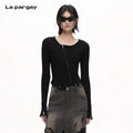 Lapargay diagonal zipper design slim fit elastic non-restrictive raw edge hem knit base layer L72108209C