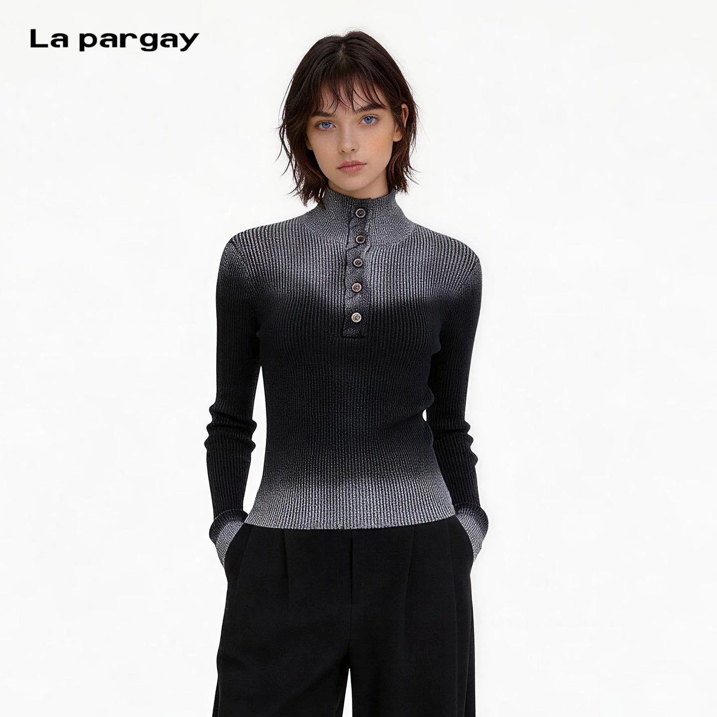 Lapargay half-button high-neck gradient knit top, comfortable and warm, soft and skin-friendly L75408211V