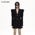 Lapargay Layered Ruffle Hem Blazer Dress Waist-Tailored Heart-Shaped Button Accent L63301212S