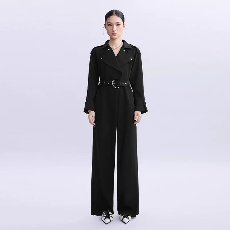 Lapargay Long-Sleeve Straight-Leg Jumpsuit 2026 New Style Women's Black Personality Fashion Design Sense