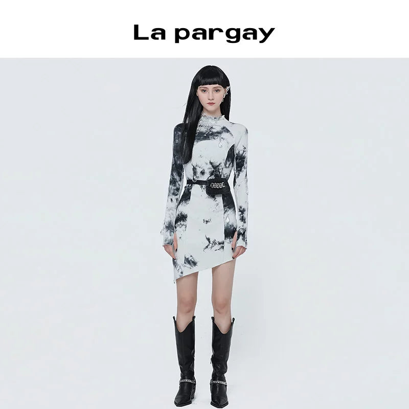 Lapargay 2026 Spring New Half High Neck Tie-Dye Slim Fit Dress Slimming Long Sleeve Pullover Women