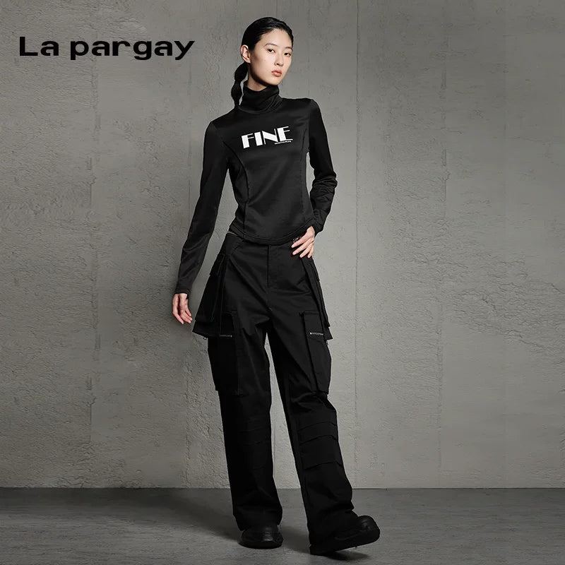 Lapargay High-neck Long-sleeve Irregular T-shirt Women 2026 Spring New Black Casual Versatile Design Top