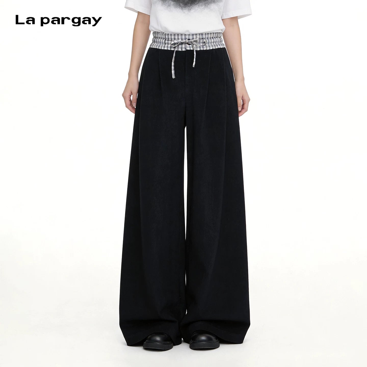Lapargay loose patchwork wide-leg pants plaid drawstring waist slimming and concealing flaws L75302610V