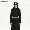 Lapargay Waist-Defined Cropped Hoodie with Three-Button Henley Neck Slimming Chic Style L75101981V