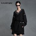 Lapargay pullover long sleeve V-neck knit dress 2026 new women's black personality fashion dress