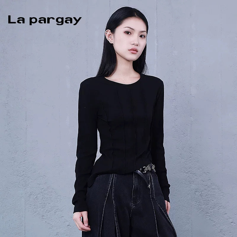 Lapargay Pullover Round Neck Fitted Basic Knit Top Women 2026 New Black Personality Asymmetric Long-sleeve Top