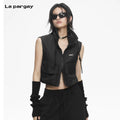 Lapargay Stand collar sleeveless short top, techwear high street, drawstring structure at collar L78101408C
