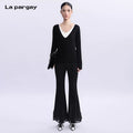 Lapargay 100% merino wool V-neck knit sweater 2026 spring new fashion black and white base layer sweater