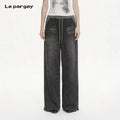 Lapargay Distressed Gradient Washed Wide-Leg Pants with Contrast Color Stitching Waistband and Adjustable Hem L75202805S