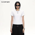 Lapargay Cropped Crewneck Tee with Shoulder Seams Waist-defining Fit Flatters All Body Types D72300201C