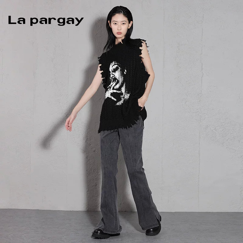 Lapargay split spliced denim bell-bottom pants 2026 spring new women's personality casual long pants niche trousers