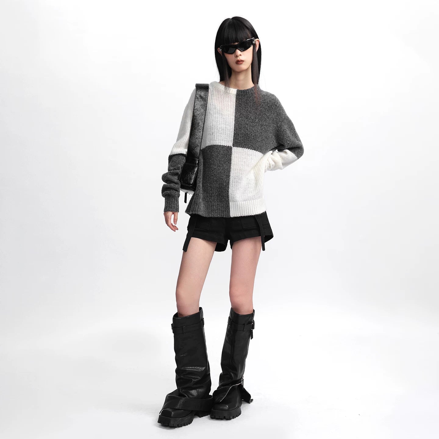 Lapargay Checkered Knit Mesh Pullover Sweater Loose Patchwork Round Neck Top L75308210V
