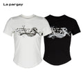 Lapargay smoke print waist-cinching T-shirt regular shoulder slimming sweet cool hot girl style L75200214V