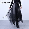 Lapargay Irregular Stitching Mesh Long Skirt 2026 Spring New Women's Black Design Skirt